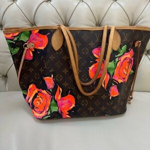Louis Vuitton Stephen Sprouse Neverfull MM Floral Monogram Canvas Bag Tote Roses